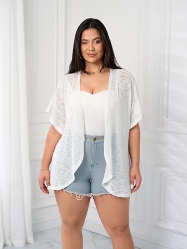 SCOMCHIC Women Plus Size Lightweight Cardigan Summer Kimono Ruffle Short Sleeve Open Front Casual Tops Beach Cover Up2