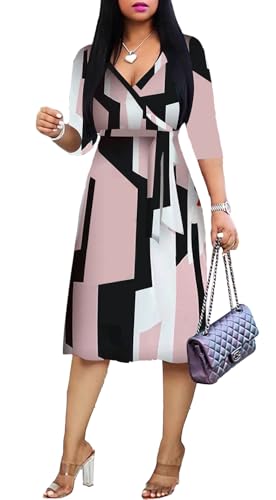 Womens Plus Size Summer Dresses Sexy V Neck Midi Dress Faux Wrap Dress 3/4 Sleeve Boho Casual Floral A-Line Skirts