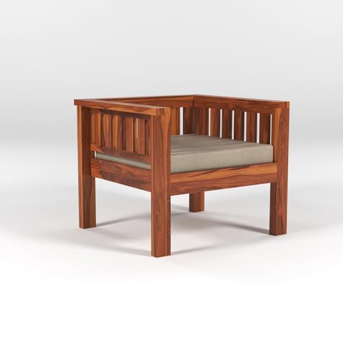 Image of Sheesham Wood Low Height Single Seater Sofa Set for Living Room Office Wooden Sofa Set for Living Room Furniture | Beige Cushion - Honey Finish