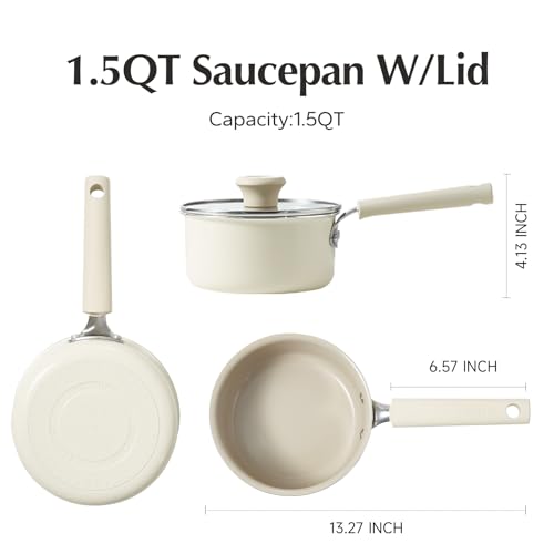 Redchef Cream Ceramic Non-Stick Saucepan, 1.7 Qt, With Lid, PFAS & PFOA Free, Dishwasher Safe, Compatible With All Stovetops