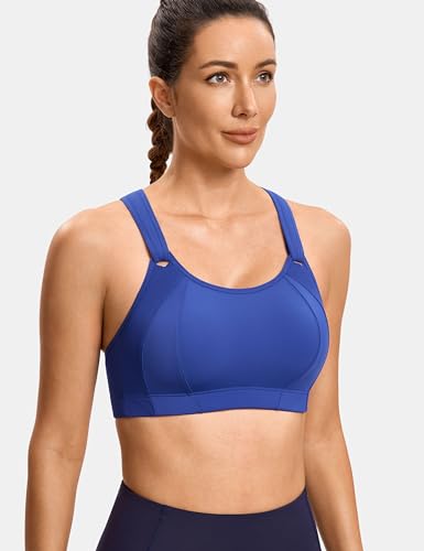 Image of SYROKAN Women's Sports Bra Front Adjustable High Impact Support Padded Wireless Racerback Plus Size Running Bra Waves Blue 34E