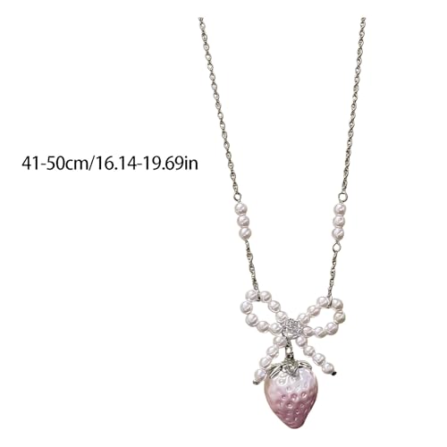 Collar de perlas con dije de lazo y colgante de fresa para mujer 3