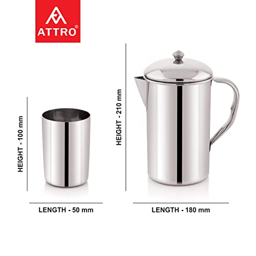 Attro Stainless Steel Jug Set with 2 Glass with Lid, Look Perfect on Dinning Table 1500 ml - Silver