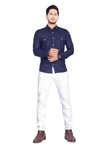 Image of Men's Cotton Spread Collar Full Sleeve Regular Fit Solid Casual Shirt with Double Pockets - Stylish Comfortable Shirt for Everyday Wear