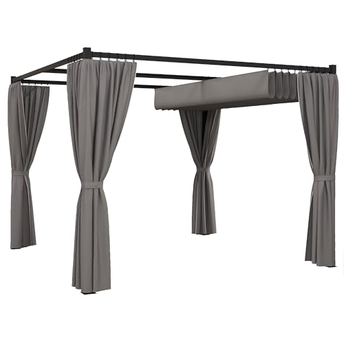 Outsunny Pérgola con Techo Retráctil Pérgola de Jardín 3x3 m Cenador con Paredes Laterales Tela de Poliéster Resistente al Agua Pabellón para Jardín Patio Terraza Exterior Gris