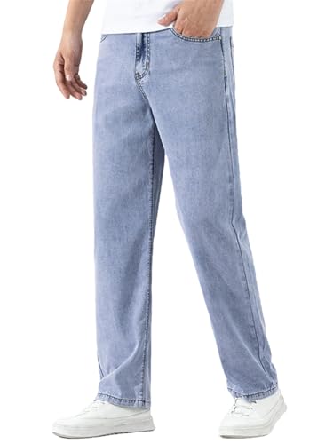 Men Thin Jeans Straight Soft Ice Silky Casual Business Denim Pants Elastic Wide Trousers
