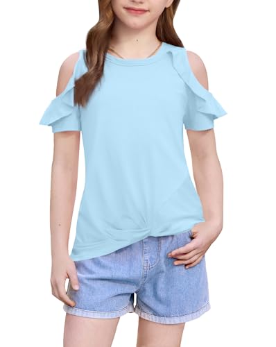 Image of BesserBay Girls Cold Shoulder Tops Twist Front Tunic Ruffle Sleeve Summer Blouses 5-14 Years