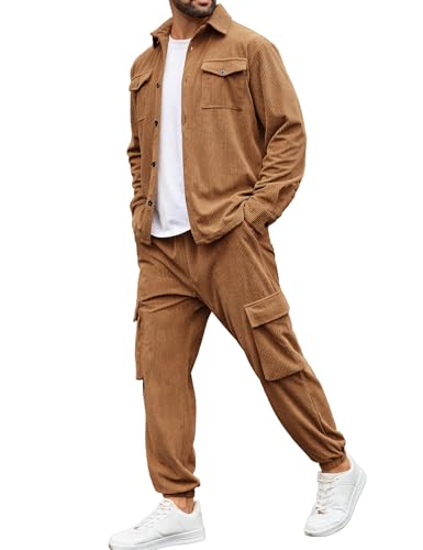 LecGee Men's Corduroy Jogging Tracksuit 2 Piece Button Down Shirt Jackets and Athletic Trousers Matching Set(Black,3X-Large)