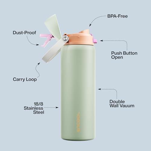 Image of Insulated Water Bottle with Straw - Encool Stainless Steel Water Bottle with Push Button Lid, Leak-Proof & BPA-Free, Keeps Cold for 24 Hours for Sports, Travel, Gym (32 oz, Geyser Green)