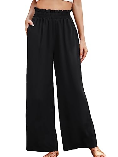 MakeMeChic Women's Casual Palazzo Pants Loose High Elastic Waisted Wide Leg Lounge Trousers Pants with Pockets