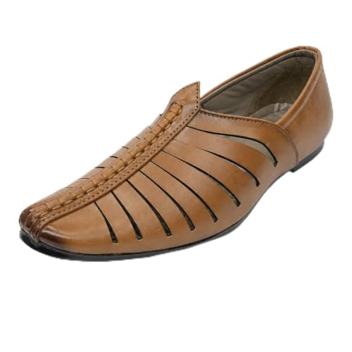 Step n Style Mens Breathable Comfort Fashion Loafers Sherwani Shoes Indian Flat Ethnic Tan