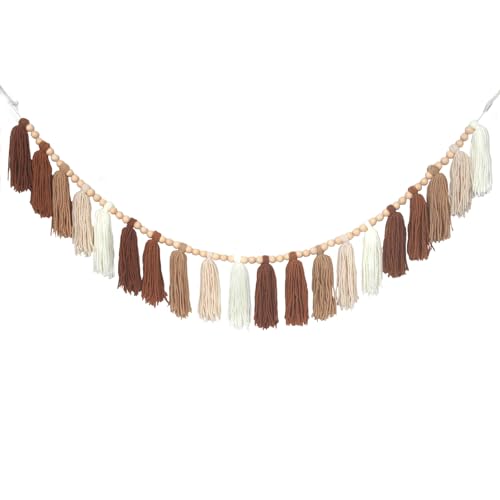 Tasruwat Brown Boho Yarn Wood Bead Tassel Garland Decor Terracotta Rainbow Western Banner Tassels Wall Hanging for Nursery Classroom Birthday Party Kids Bedroom Baby Shower Dorm Office Decorations