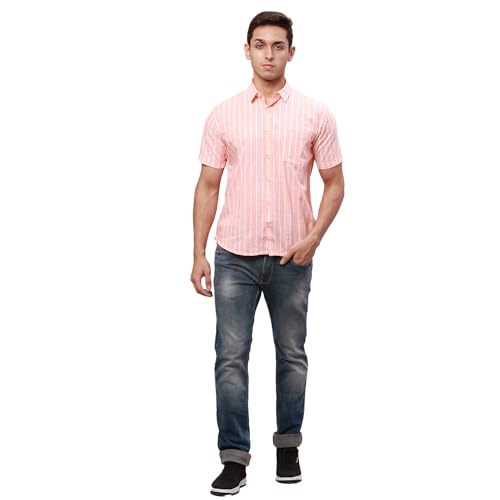 Image of Park Avenue Men's Pure Cotton Chambray Pattern Slim Fit Ainsley Collar Half Sleeve Casual Shirt