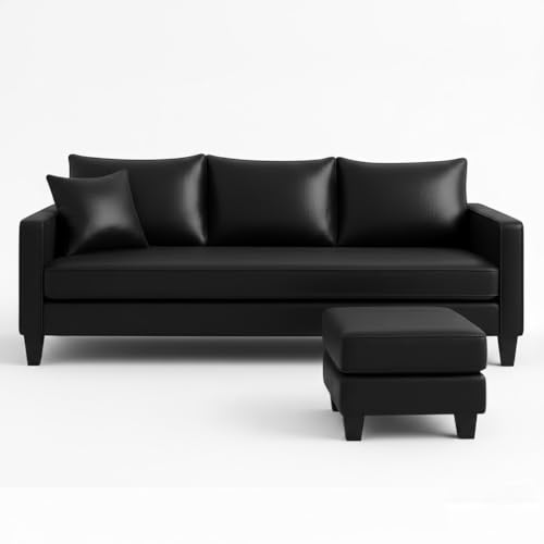 Image of FURNY Conva 4 Seater L Shape Sofa Set with Movable Ottoman | Flexible Left or Right Layout | Premium Leatherette Upholstery (Black) | Perfect for Living Room, Guest Room & Office