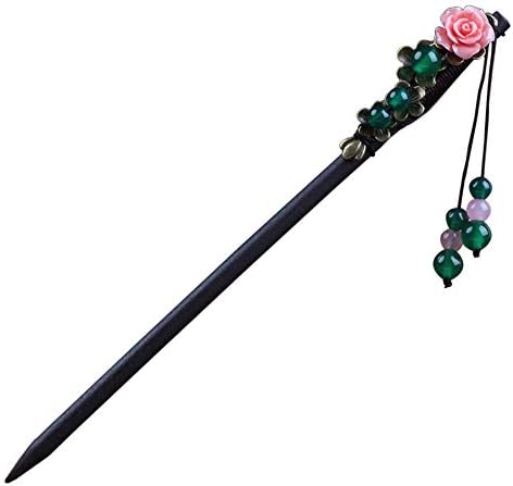 Wooden Chinese Hair Stick 18CM Lacquer Pink Rose with Green Beads Tassel Hair Decor Packaged in Exquisite Box