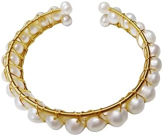 DUGGO Plated Gold 14K Freshwater White Pearl Handmade Bracelets is a Gift for Women.Natural Gemstones Pearl Strand Bracelet for Lady Jewelry Beaded Link Adjustable Size (Fashion 001)