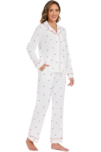 Image of LUBOT 100% Cotton Pajamas for Women Pajama Set 2 Piece PJ Sleepwear Set Soft Ladies Button Knit Long Sleeve Loungewear XS-XXL