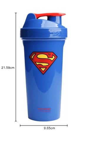 Image of SmartShake Lite Justice League Superman Protein Shaker Bottle 800ml - BPA Free Leakproof Gym Protein Shakes Bottle for Protein Powder DC Comics Blue Water Bottle Superman Gifts