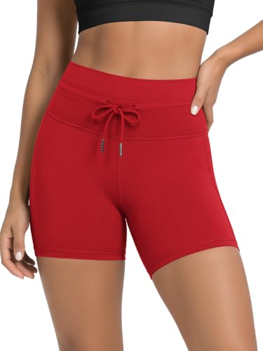 ODODOS Women's Drawstring Tie Shorts 5" Inseam High Waist Workout Yoga Biker Shorts, Red, Small