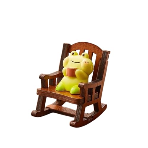 JLEivvi 1 Set Miniature Frog Statue Charming Resin Frog Desk Ornament with Wooden Rocking Chair for Home Office Desk Decor