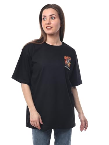 Image of Panda Love Women's Printed Cotton Blend Oversized T-Shirt with Half Sleeves, Perfect for Women, Girls, Teenagers, and Moms-to-Be, Featuring a Round Neck (Black)