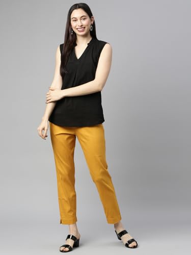 Image of MINELLI Women Solid Cigar Pants, Cotton Lycra Slub Fabric, Elasticated Waistband, Pull On Style, Regular Fit Bottom Wear for Western and Ethnic Wear