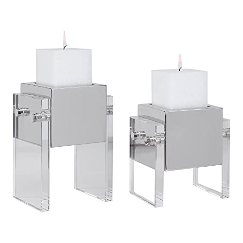Uttermost 17742 Sutton - 8.75 inch Square Candleholder (Set of 2), Crystal/Polished Nickel Finish