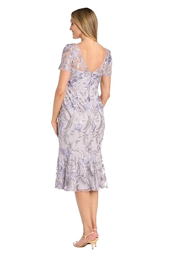 Image of Elegant Embroidered Mesh Midi-Length Dress W /Flounce Hem & Short Sleeves