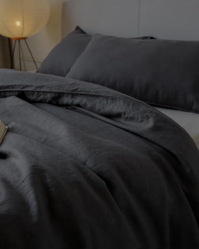 Image of XZ XIFA 100% Washed French Flax Linen Duvet Cover Set - 3 Pieces, Cooling & Textured Farmhouse Bedding for Hot Sleepers, with Zipper Closure (Dark Gray, Full)