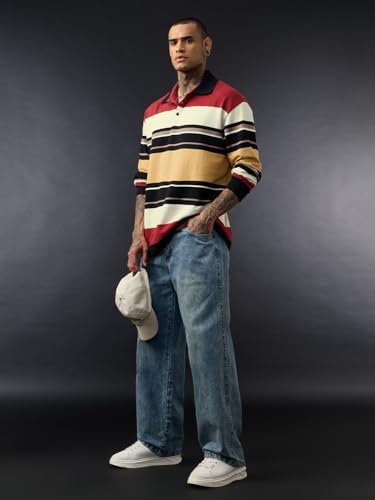 Image of The Souled Store Oversized Rugby Polo: Men and Boys Long Sleeve Spread Collar Striped Cotton Oversized Fit Breathable Everyday Lightweight All-Season Polos