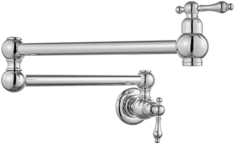 brassqueen Polished Chrome Classical Extendable Sink Faucet 360 Degree Swivel Double Articulating Swing Arm Restaurant or Home Kitchen Filling Pots Faucet Single Hole Two Lever Handle NPT Wall Mount