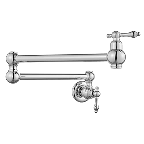 Brassqueen Polished Chrome Classical Extendable Sink Faucet 360 Degree Swivel Double Articulating Swing Arm Restaurant Or Home Kitchen Filling Pots Faucet Single Hole Two Lever Handle Npt Wall Mount #TOP30