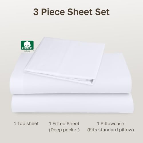 Image of California Design Den Twin Sheets Set - Natural 100% Cotton Sheets with 12 inch Pockets, Soft Sateen Weave, Breathable and Durable Bedding Set for Dorm Rooms, College (White)