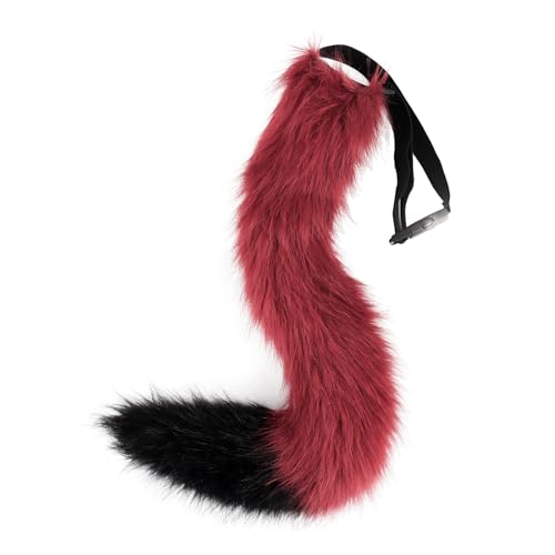 YXBOMG Coda di volpe da 66 cm, coda di lupo lunga in peluche, morbida e soffice, per Halloween, giochi di ruolo e feste, rosso e nero., Medium