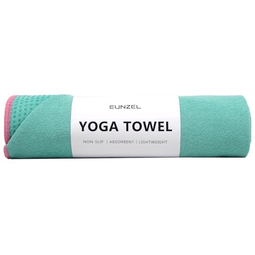 Eunzel Hot Yoga Towel – Microfiber Non Slip Yoga Mat Towel with Grip Dot Sweat Absorbent Towel for Hot Yoga, Pilates and Fitness 72″ x 24″, Teal/Pink