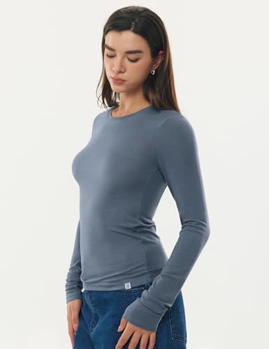 Image of Women's Merino Wool Blend Shirts Long Sleeve Tops Crew Neck Fitted Basic Tee Cozy Embrace Collection