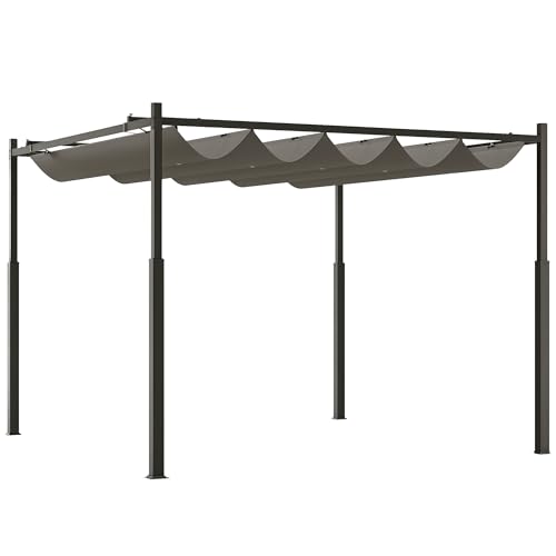 Outsunny Pérgola de Jardín 3x3 m con Techo Retráctil y Accesorio Magnético, Cenador de Jardín con Protección UV30+, Columnas Metálicas y Ganchos, Pabellón para Patio, Terraza, Exterior, Gris