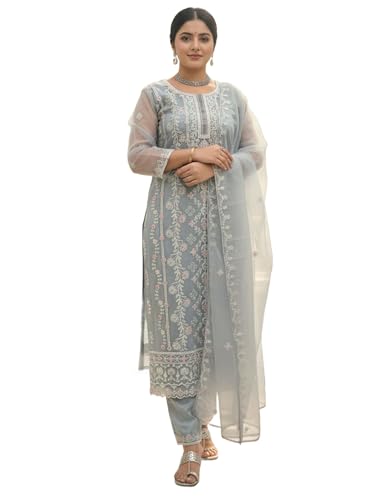 Image of INDO ERA Women's Organza Floral Embroidered Straight Kurta & Pant with Dupatta Set (IEAI10677)