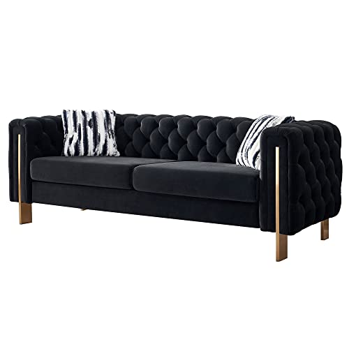 Image of KEIKI 84 inch Chesterfield Velvet Tufted Button Sofa with Removable Cushions and 2 Toss Pillows, Modern 3-Seater Couch with 4 Gold Metal Legs, Easy Assembly, for Living Room, Bedroom, Apartment, Black
