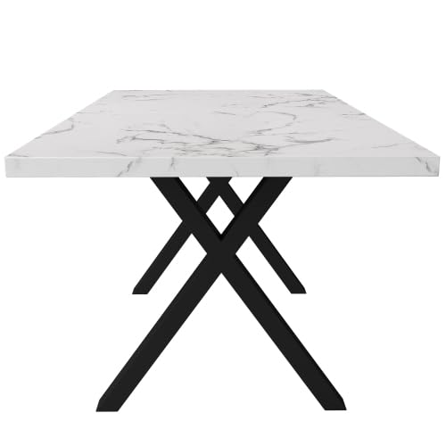 Merax Table à manger rectangulaire 140 x 80 cm – Table de cuisine et table de salle à manger moderne avec design croisé, fer forgé et structure en marbre, table à manger pour salon, noir et blanc