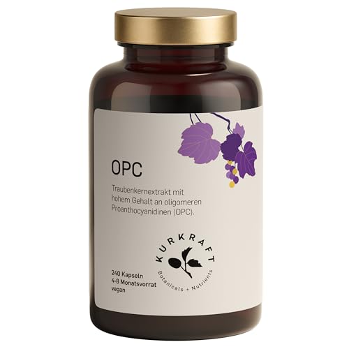 Kurkraft Premium OPC Kapseln (240 Stück) - 1100mg Traubenkernextrakt mit 770mg OPC je Tagesdosis (HPLC) - französische Weintrauben - Vegan - ohne Zusatzstoffe - Deutsche Produktion