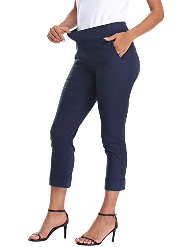 Image of HDE Pull On Capri Pant for Women w /Pockets Elastic Waist Cropped Work Pant | Comfortable Pull On Waist, Tailored Fit with Cuff, Stretchy Summer Office Pants, 24.25 inch Inseam, Professional Dress Capris