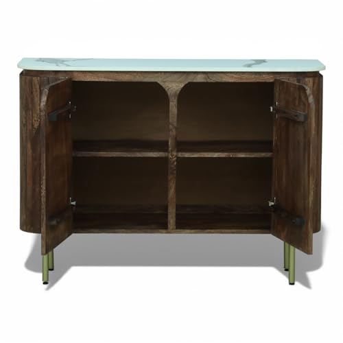 Image of Solid Wood Mandala Sideboard Cabinet with Sintered Stone Top for Living Room | Scratch Resistant Lacquered Tubaq Finish | 119.8 x 39.8 x 85 cm