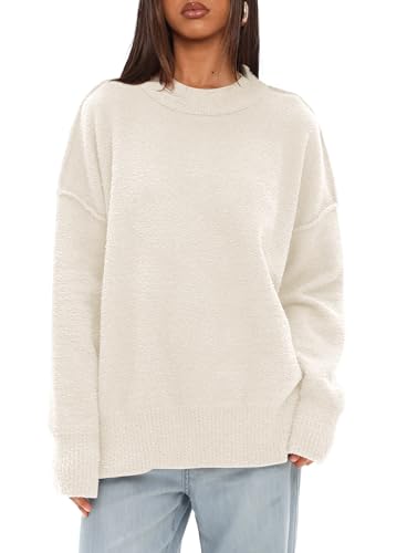 Image of Darong Women Oversized Fuzzy Knit Sweater Long Sleeve Crew Neck Side Slit Pullover Sweaters Fall Winter Tops