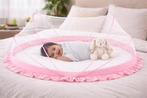 Image of DecorTwist Baby Mosquito Net for Bed - Foldable Pop-Up Dome Net for Newborns & Infants (0-24 Months) | Breathable Mesh, Insect & Fly Protection | 135x65x65 cm | Travel & Outdoor Safe (Pink)