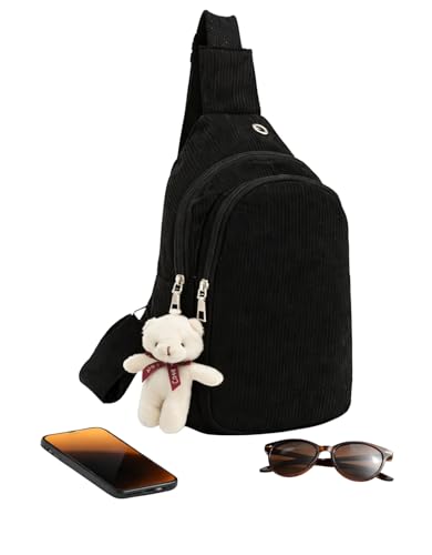 Bolsa Crossbody Feminina Transversal Pochete Cotele Com Ursinho Pelucia Shoulder Bag Compacta 2 Compartimentos Ziper Alca Ajustavel Bolsinha Tiracolo Leve Para Dia a Dia Passeio Viagem Show (Preto)