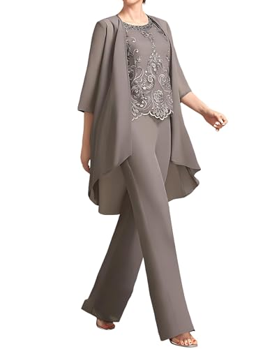 3 Piece Mother of The Bride Pant Suits - 3/4 Sleeve Chiffon Lace Plus Size Women Wedding Guest Formal Outfit with Jacket3