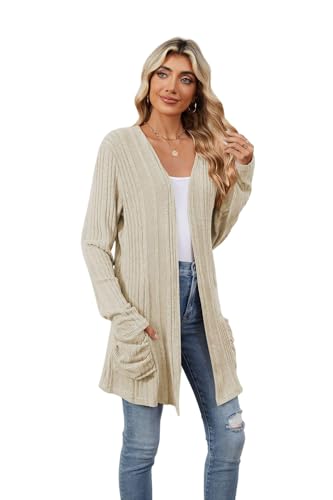 Image of Women's Lightweight Cardigan Open Front Long Sleeve Casual Knit Sweaters Coat Long Cardigan With Pockets