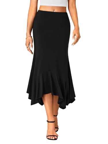 OPOIPIN Women's Stretchy High Waist Ruffle Asymmetrical Hem Flowy Midi Skirt