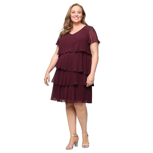 Image of S.L. Fashions Women's V-Neck Chiffon Cocktail Dress with Beaded Shoulders and Asymmetrical Tiers (Petite and Regular Sizes)